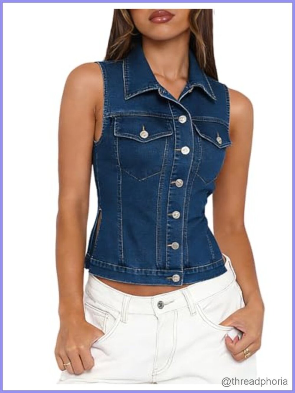 Women's Sleeveless Denim Vest Top High Stretch Button Down Side Slit Jean Jacket